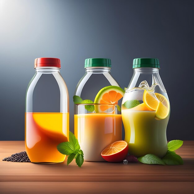 Drink is poured into plastic bottles on juice production