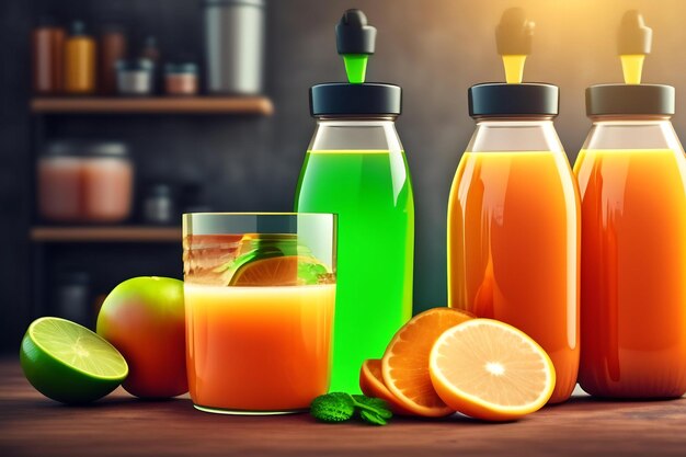 Photo drink is poured into plastic bottles on juice production