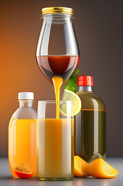 Drink is poured into plastic bottles on juice production