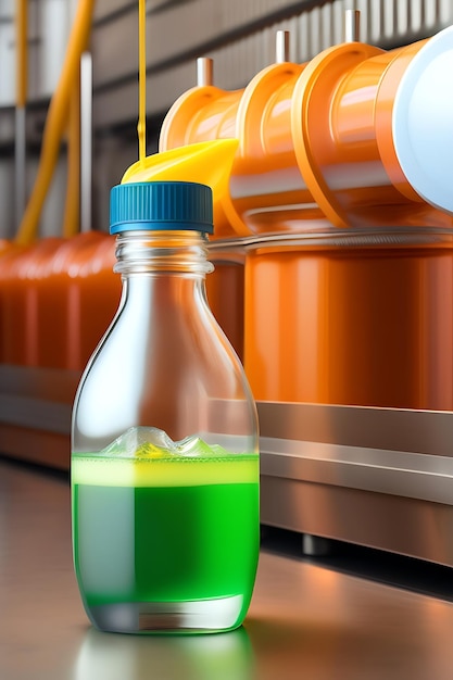 Drink is poured into plastic bottles on juice production