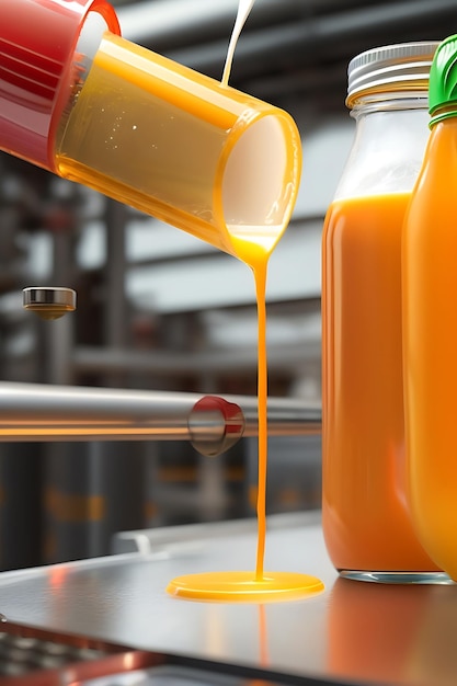 Drink is poured into plastic bottles on juice production