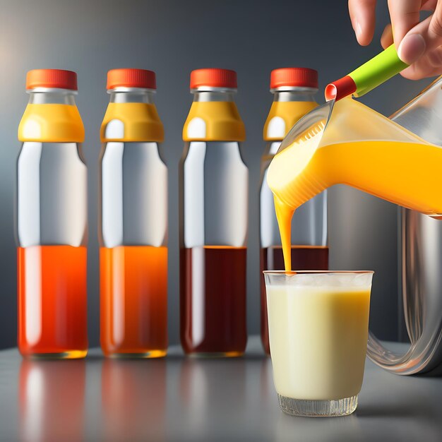 Drink is poured into plastic bottles on juice production