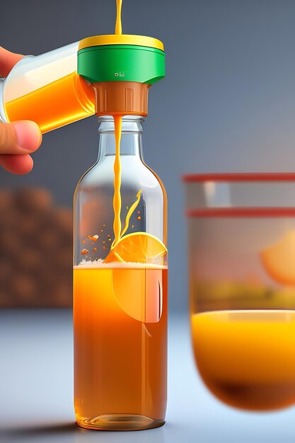 Drink is poured into plastic bottles on juice production