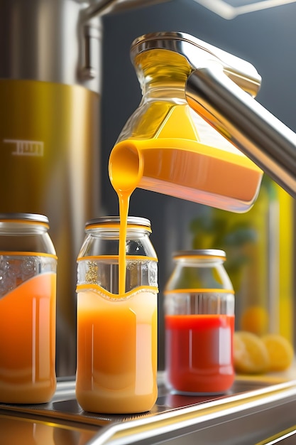 Drink is poured into plastic bottles on juice production