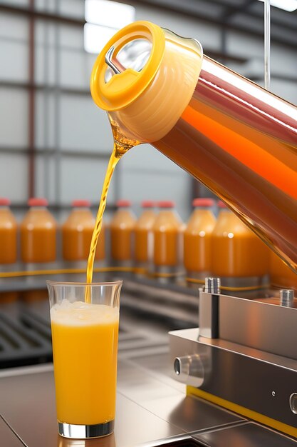 Drink is poured into plastic bottles on juice production