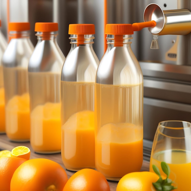 Drink is poured into plastic bottles on juice production