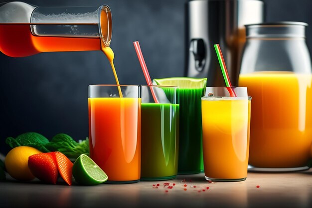 Photo drink is poured into plastic bottles on juice production