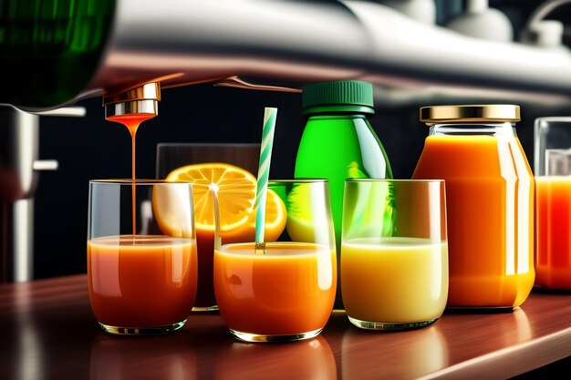 Drink is poured into plastic bottles on juice production