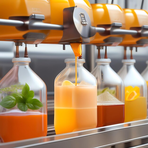 Drink is poured into plastic bottles on juice production