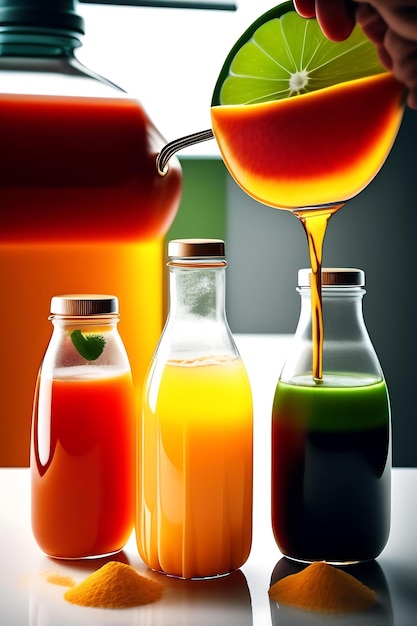 Фото На производстве сока напитки наливают в пластиковые бутылки.