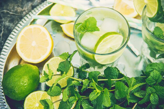 Photo drink lime and mint. selective focus. food.