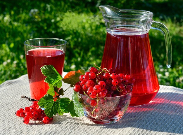 ガラスの赤スグリと自然な背景にベリースグリとカラフを飲む