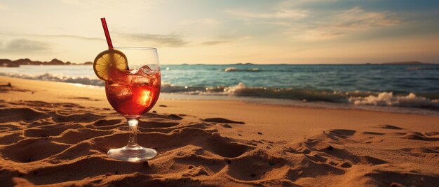 Foto bevanda sulla spiaggia sabbiosa bevanda esotica estiva nella sabbia spiaggia sfocata sullo sfondo