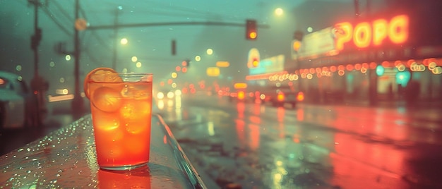 Photo a drink sitting on a table in the rain