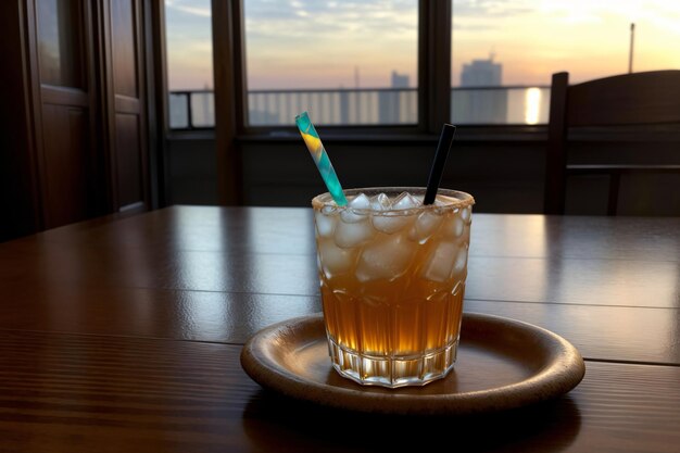 A Drink Sitting On Top Of A Wooden Table