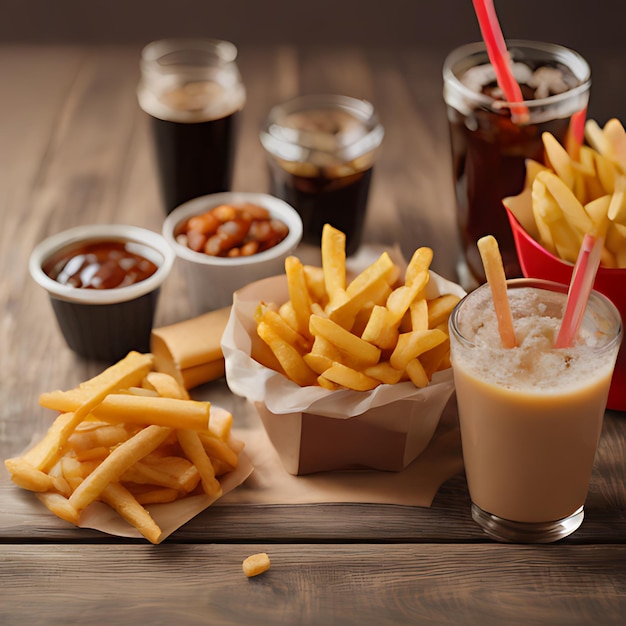 a drink and some fries are on a table with a drink in the background