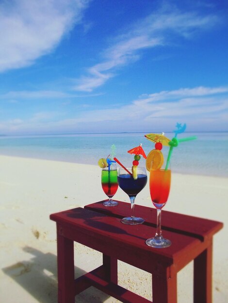 Drink on table at beach against sky