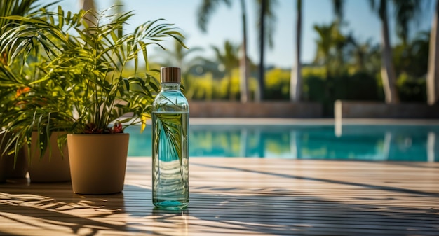 Drink in a transparent bottle by pool with copy space healthy lifestyle banner idea AI generated