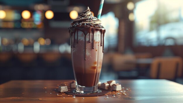 Photo a drink with chocolate sauce and a straw in the middle