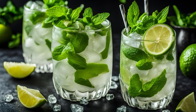 Photo a drink with ice and mint leaves is shown