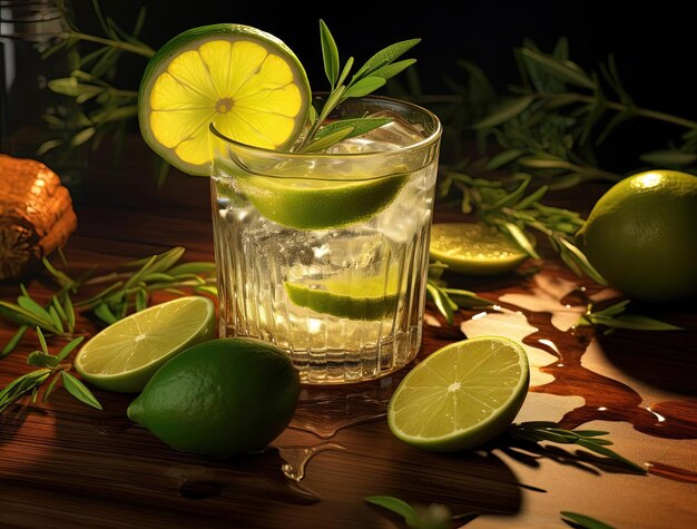 A drink with lime slices rosemary and cloves