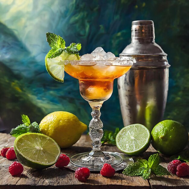 a drink with limes and limes on a wooden table