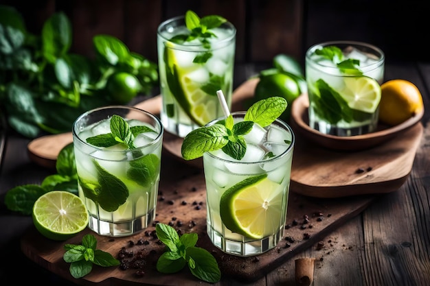 a drink with limes and mint leaves on a wooden table