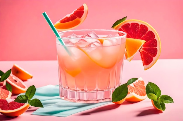 A drink with oranges and mint leaves on a pink background