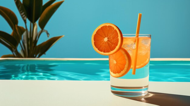A drink with a slice of orange on the rim near a swimming pool