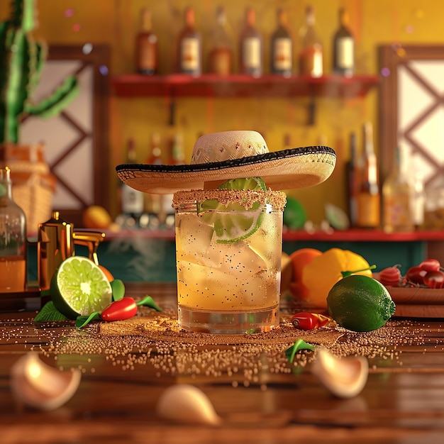 Photo a drink with a straw hat on a table with a lime and limes