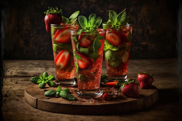 Mojito alla fragola bevibile un tavolo nero in legno vintage ha tre bevande su di esso