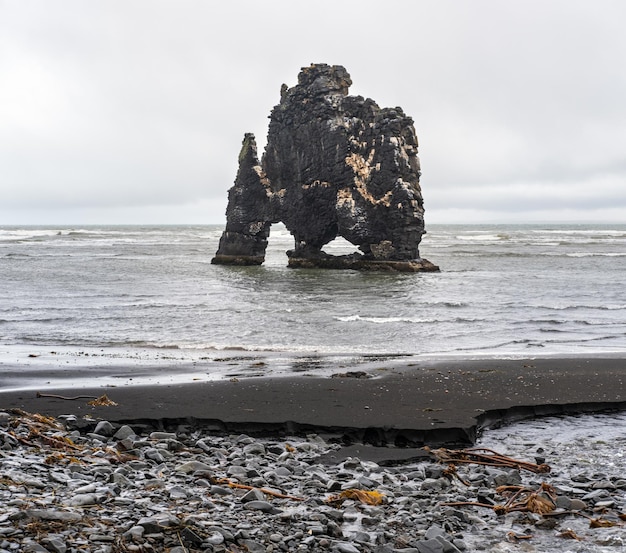 Пьющий слон или носорог из базальтовой скалы Хвицеркур на восточном берегу полуострова Ватнснес на северо-западе Исландии. Удивительная каменная конструкция из базальта высотой 15 метров.