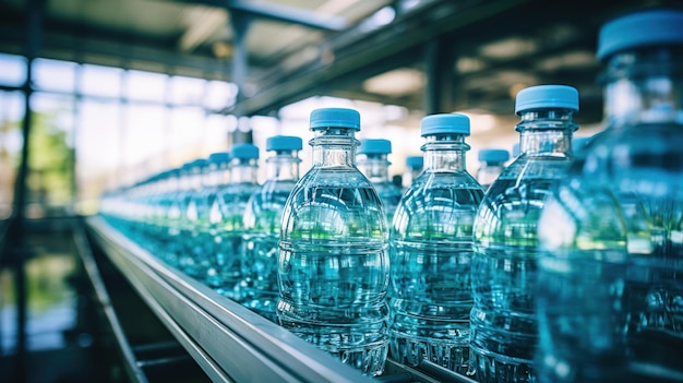 Завод по производству питьевой воды очищен бутылкой чистой питьеной воды без этикетки на производственной линии