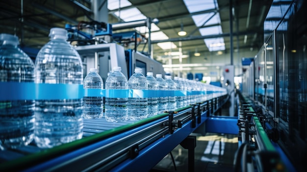 Drinking water plant factory cleaned clear drink water bottle no label in production line