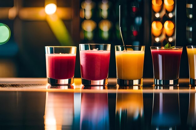 drinks on a bar counter with the lights behind them