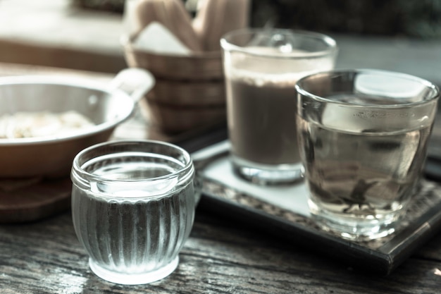 Drinks in breakfast set, Drinking water, Tea and coffee 