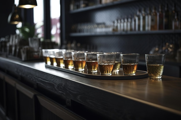 drinks in glasses on the counter aesthetic bar interior with impactful soft lighting Generative AI