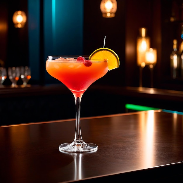 drinks in thin red and orange glass on table with dark defocused background