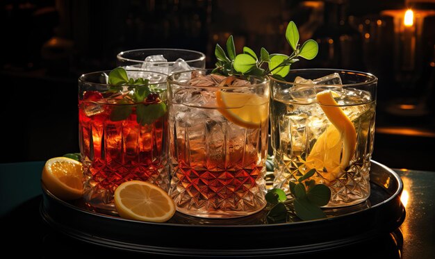 Drinks in transparent glasses on a blurred background Selective soft focus