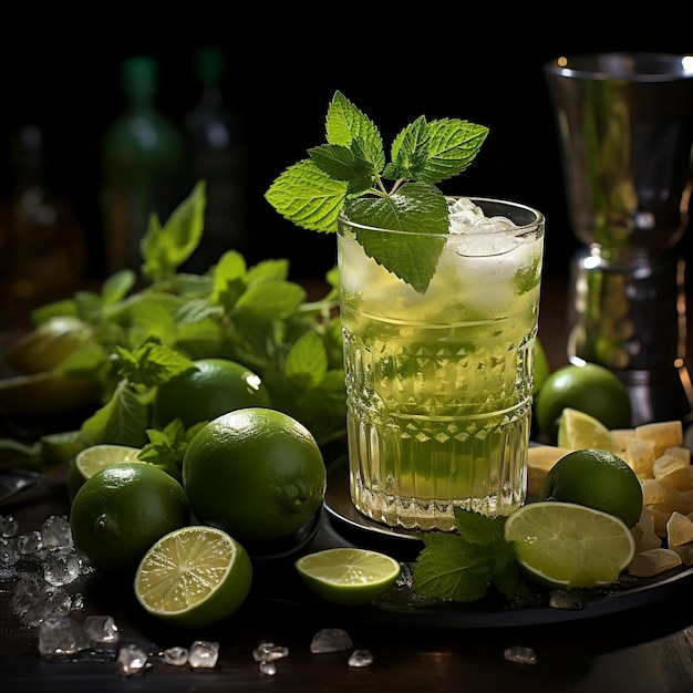 Drinks with lime and mint leaf