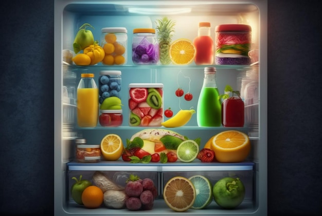 Drinksfresh vegetables and fruits sitting in the fridge symbolizes freshness and eating healthy fruits and vegetables generative ai