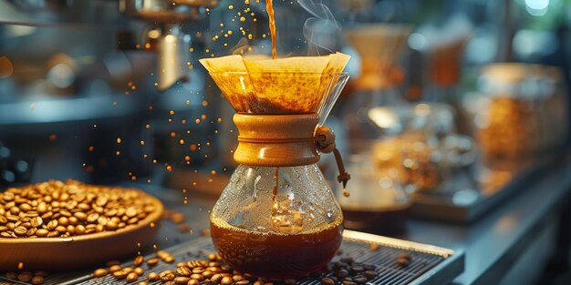 写真 ドリップブラウイング (ドリップブルーイング) はコーヒーに水を注ぐ方法です