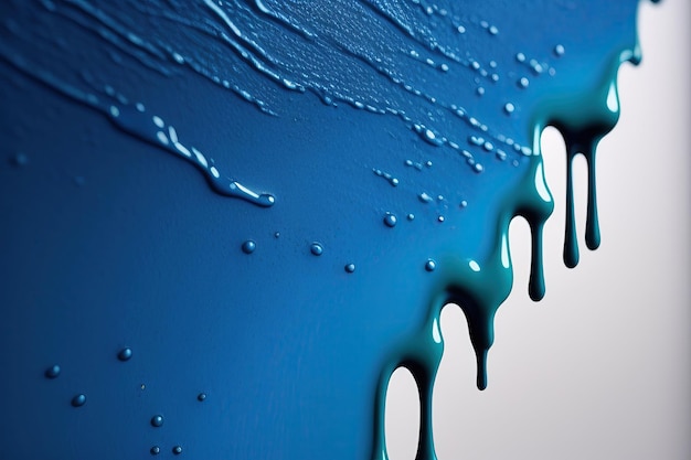 Dripping blue paint closeup