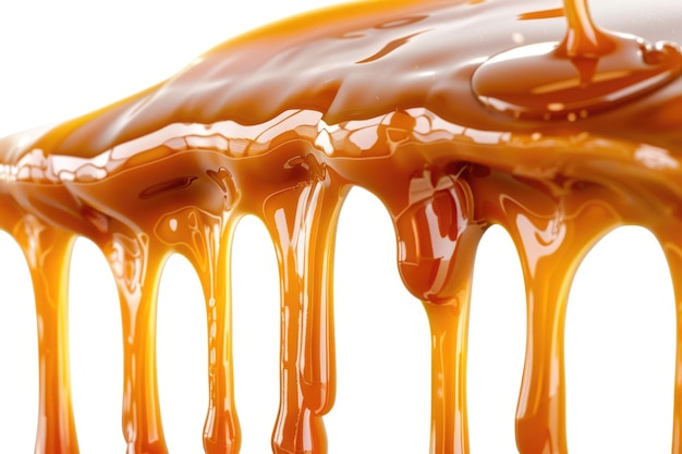 Dripping caramel drops of sweet sauce isolated on white background Melted caramel sauce