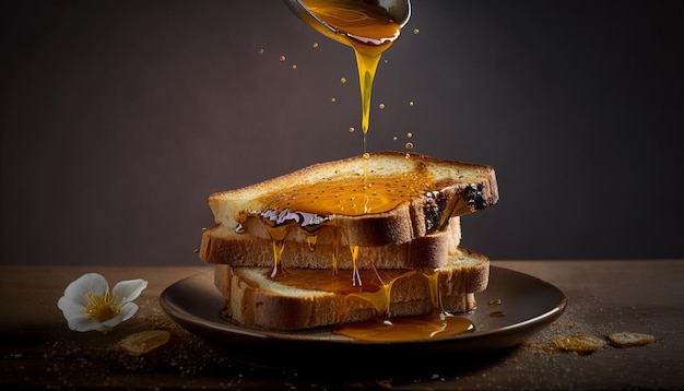 Dripping honey onto a stack of warm buttered toast. AI Generative.