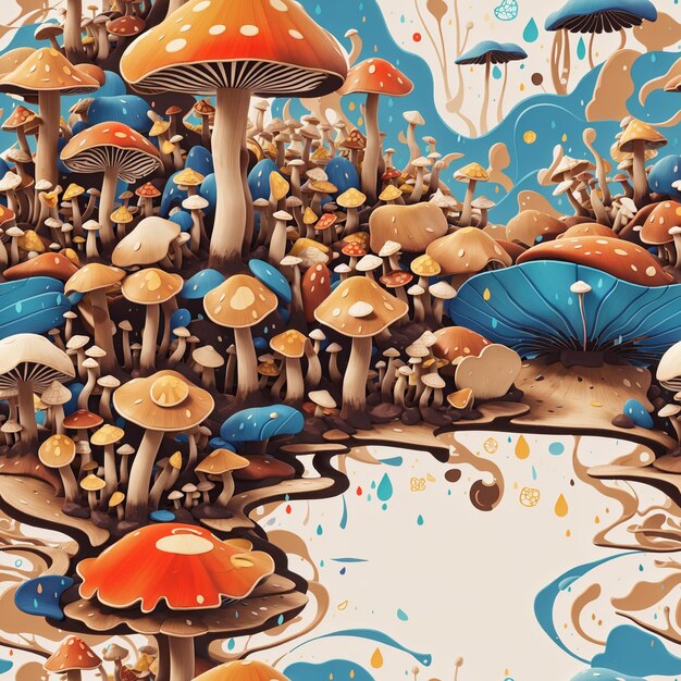 Dripping mushrooms seamless pattern colorful digital artwork design template ai generated