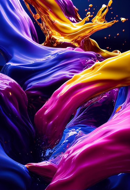 Dripping rainbow gradient color paint splashes as background header Explosion of colored oil paint on black background with super texture
