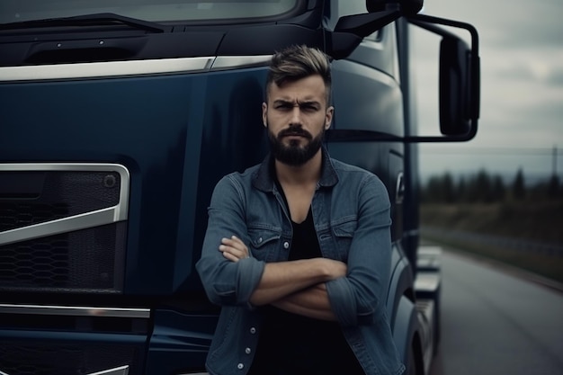 Driver against the backdrop of a modern truck on the highway Generative AI