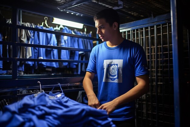 Foto il conducente del camion blu e una camicia in una cella ha portato la merce