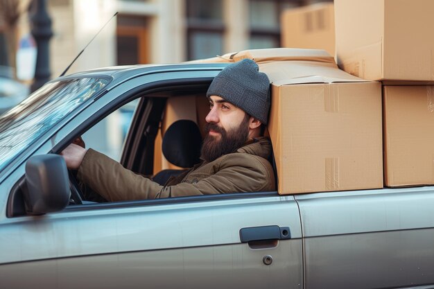 driver driving car with parcelsdelivery concept